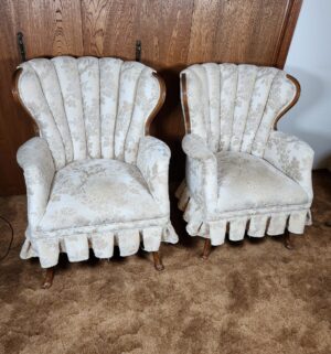 g26- vintage Queen Anne-style channel back wing chairs