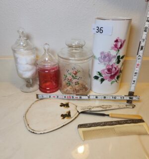 g36- jars, vase, vintage mirror and comb