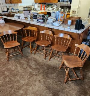 g65- S. Bent & Bros. oak Windsor dining chairs + extra chair