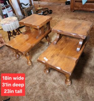 g77- Mid Century Maple Step End Tables w/ Green Bubble Glass Panels