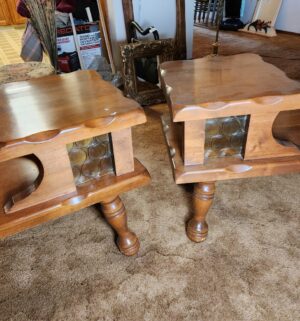 g77- Mid Century Maple Step End Tables w/ Green Bubble Glass Panels - Image 3