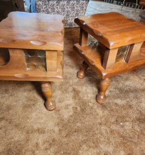 g77- Mid Century Maple Step End Tables w/ Green Bubble Glass Panels - Image 4