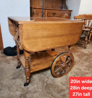 g86- Vintage Maple Drop Leaf Tea Cart w/ Wagon Wheels