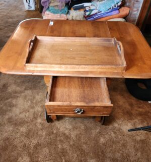 g86- Vintage Maple Drop Leaf Tea Cart w/ Wagon Wheels - Image 4