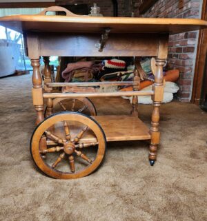 g86- Vintage Maple Drop Leaf Tea Cart w/ Wagon Wheels - Image 5
