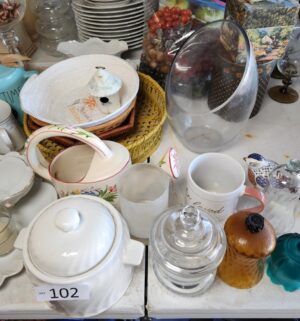g102- misc dishes & items on table