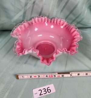g236- vintage Fenton Pink Crest ruffled-edge milk glass bowl