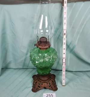 g255- Green Glass Cabbage Rose Oil Lamp