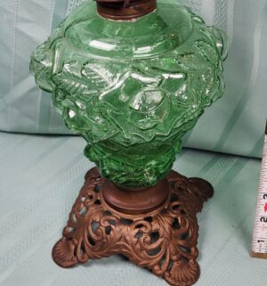 g255- Green Glass Cabbage Rose Oil Lamp - Image 3