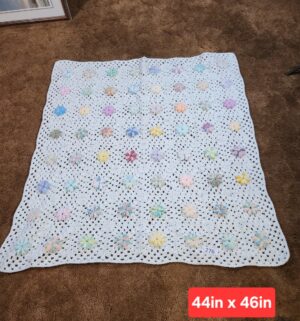 g276- handmade crochet blanket with pastel-colored flower motifs
