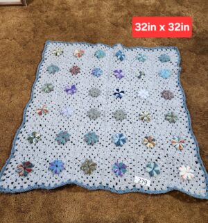 g279- handmade crochet granny square blanket with 3D floral appliques