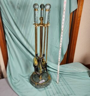 g304- mid-century Regency style brass and green marble fireplace tool set