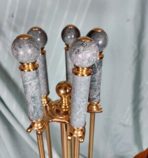 g304- mid-century Regency style brass and green marble fireplace tool set - Image 3