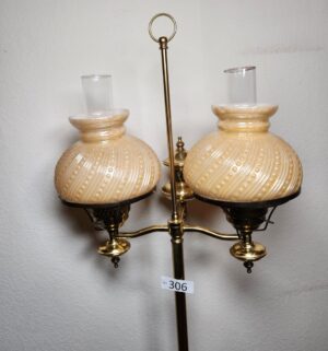 g306- brass double student floor lamp milk glass swirl shades. - Image 2