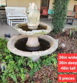 g343- Cement Water Fountain w/ Fish Finial. Very Heavy Item. You must bring help to move & load