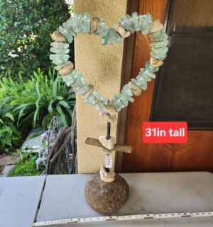 g355- tabletop sea glass and stone heart sculpture