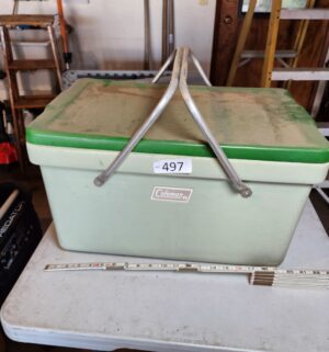 g497- 1970s Coleman two-tone green insulated cooler with aluminum handles.