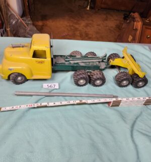 g567- 1940s All American Toy Company Timber Toter log truck and trailer