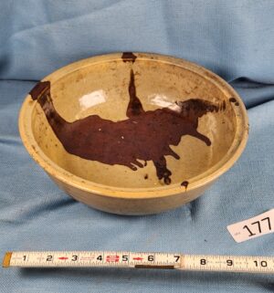 h177- signed vintage yellowware spongeware mixing bowl.