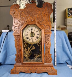 h216- antique oak gingerbread mantel clock