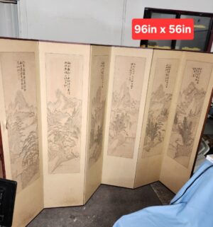 h337- antique six-panel Asian folding screen or room divider featuring hand-painted landscapes