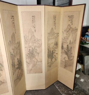 h337- antique six-panel Asian folding screen or room divider featuring hand-painted landscapes - Image 4