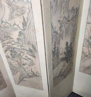 h337- antique six-panel Asian folding screen or room divider featuring hand-painted landscapes - Image 5