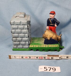 d579- Vintage Artillery Coin Bank. Cast Metal