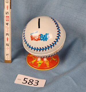 d583- 1970s Ohio Art Tin Litho Baseball Coin Bank