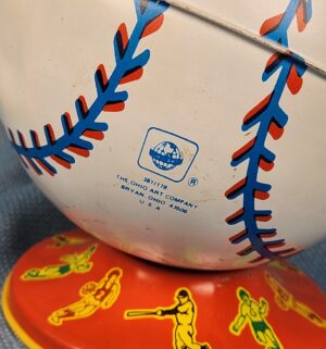 d583- 1970s Ohio Art Tin Litho Baseball Coin Bank - Image 3