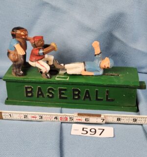 d597- vintage sliding home cast metal coin bank