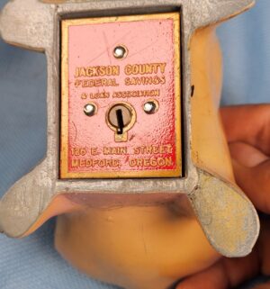 d615- Vintage Banthrico Die Cast Metal Pig Piggy Bank. Jackson County Federal Savings - Image 3