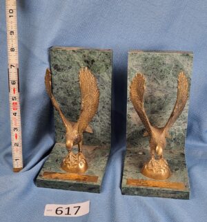 d617- brass eagle bookends featuring a green marble base and bible verse