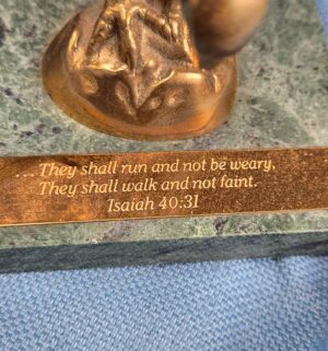 d617- brass eagle bookends featuring a green marble base and bible verse - Image 4