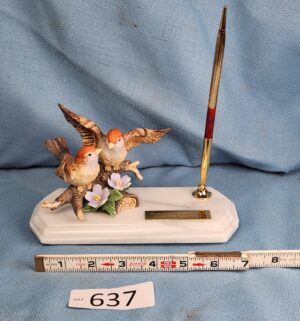 d637- Porcelain Sparrow Pen Holder Figurine Marble Base Bible Verse God Cares