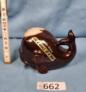 d662- brown ceramic whale coin bank souvenir Daytona Beach