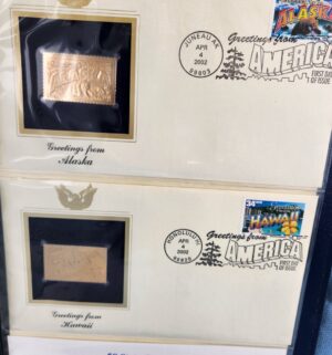 d768- Golden Replicas of the 50 State Greet Stamps. 22kt gold - Image 4