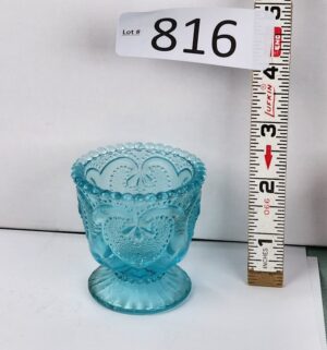 d816- Jeweled Heart Aqua Blue Glass Toothpick holder L.G. Wright Glass Company