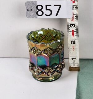 d857- Imperial Glass Company green carnival glass toothpick holder