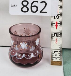 d862- Vintage Hand Painted Amethyst Glass Toothpick Holder