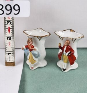d899- Antique Germany Pair Small Porcelain Vases with Colonial Figures