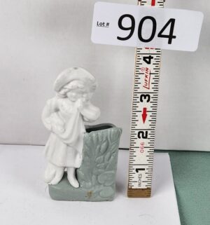 d904- Girl Flowers Figurine Bisque Porcelain Match Holder Striker