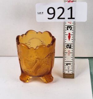 d921- Amber Near Cut Inverted Strawberry Glass Footed Toothpick Holder