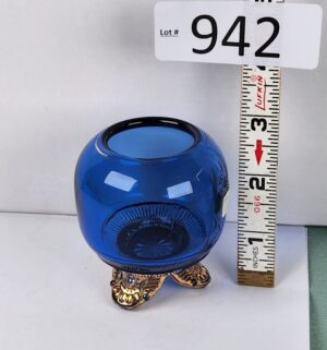 d942- EAPG Toothpick Holder Gilded Colorado Pattern Cobalt Blue