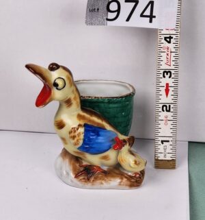 d974- Japan Vintage Ceramic Duck With Blue Wing and Baby Planter