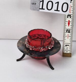 d1010- antique Victorian-era cranberry glass master salt dip set in a silver-plated holder