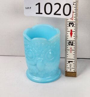 d1020- Bob St. Clair Blue Satin Glass Owl Toothpick Holder