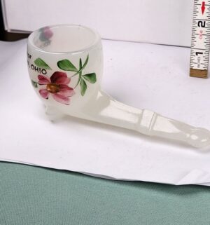 d1053- Milk Glass Souvenir Pipe Match Toothpick Holder Ohio Hand Painted Flowers - Image 3