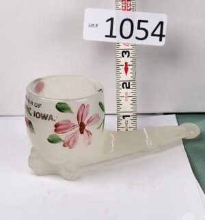 d1054- Milk Glass Souvenir Pipe Match Toothpick Holder Iowa Hand Painted Flowers