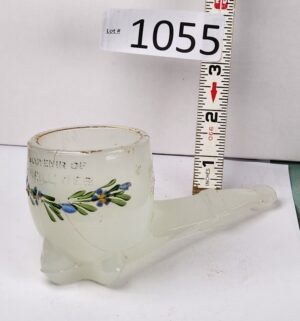 d1055- - Milk Glass Souvenir Pipe Match Toothpick Holder Nebraska Hand Painted Flowers